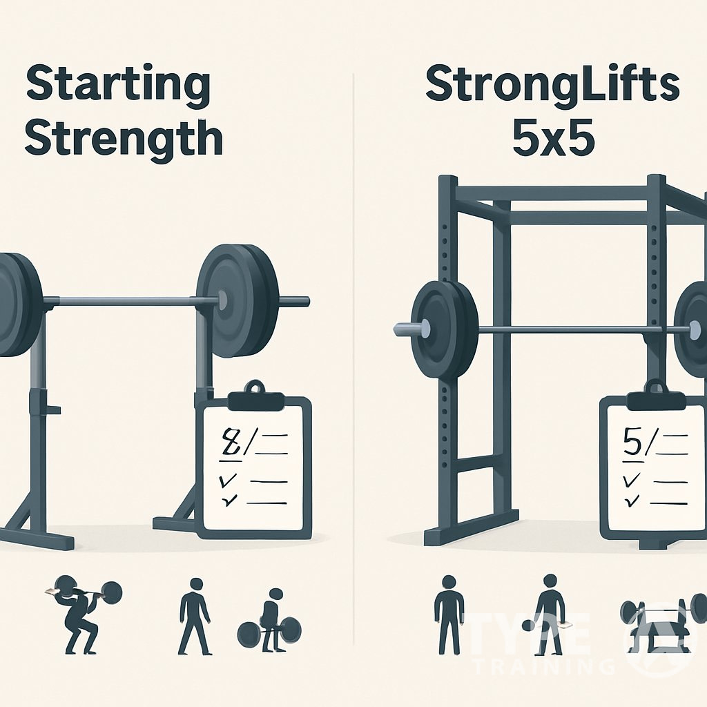Two side-by-side gym setups comparing Starting Strength and StrongLifts 5x5 workout structures with barbells on racks and visual cues for sets and reps.