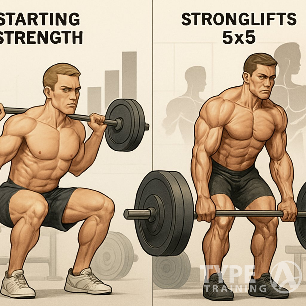 Two muscular men side by side performing barbell exercises, one squatting and the other deadlifting, with visual indicators of muscle growth and strength gains behind them.
