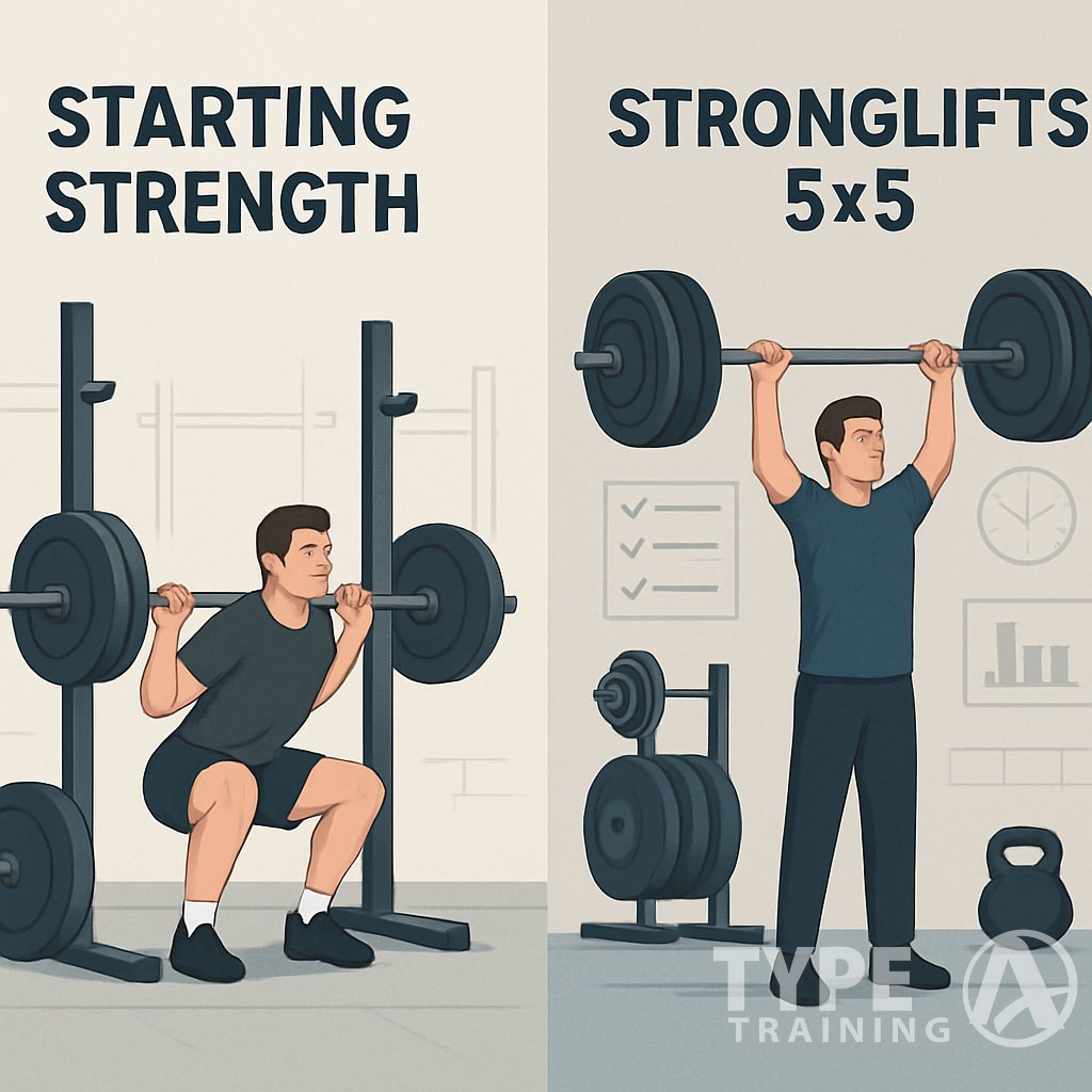 Two people in a gym each performing barbell exercises, one representing Starting Strength and the other StrongLifts 5x5, with gym equipment and workout elements around them.