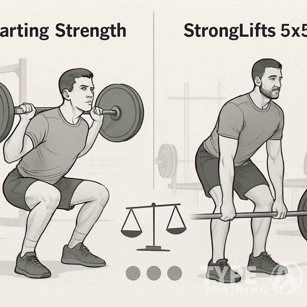 Two male lifters in a gym, one performing a barbell squat and the other a deadlift, illustrating different workout styles side by side.