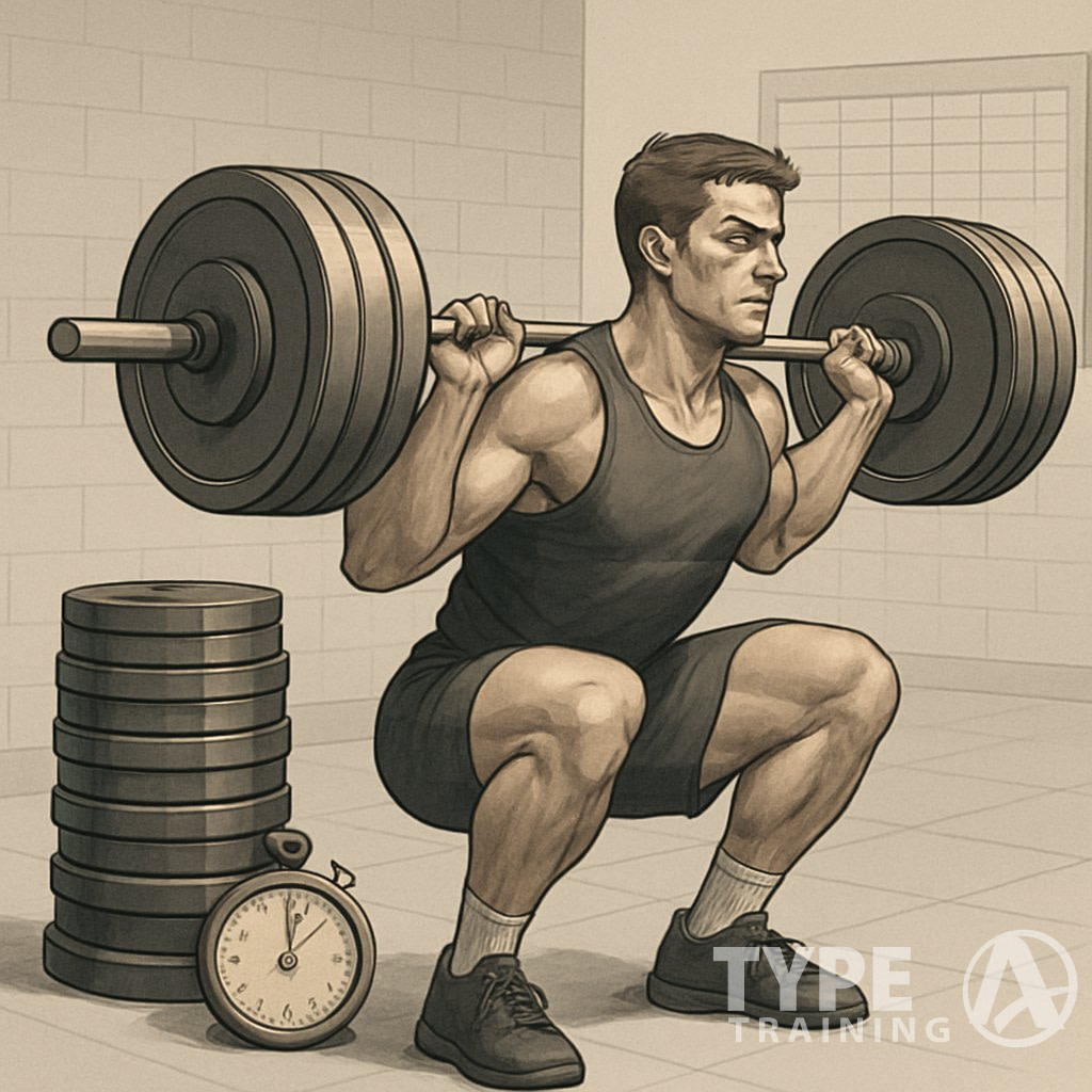 A person performing a barbell squat in a gym with weights and a workout chart in the background.