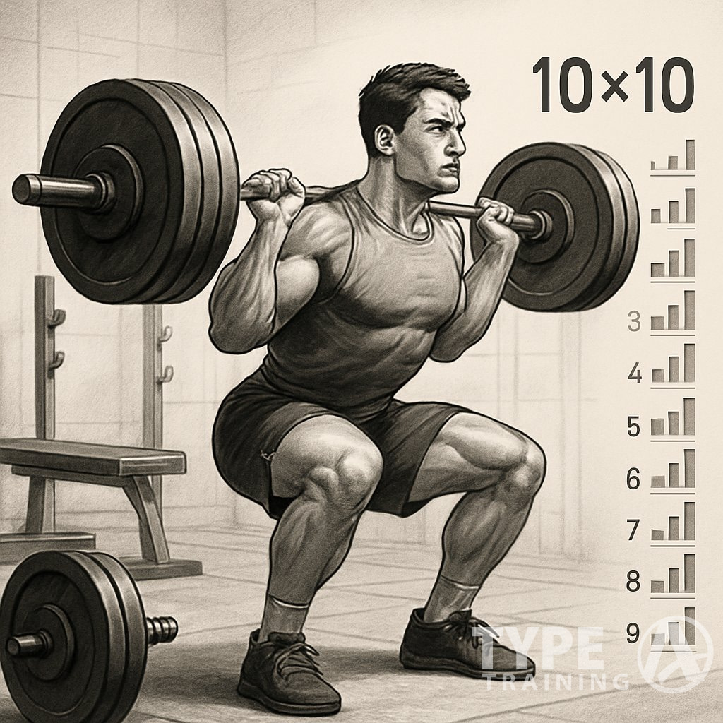 A person performing a barbell squat in a gym with visual elements representing multiple sets and repetitions.
