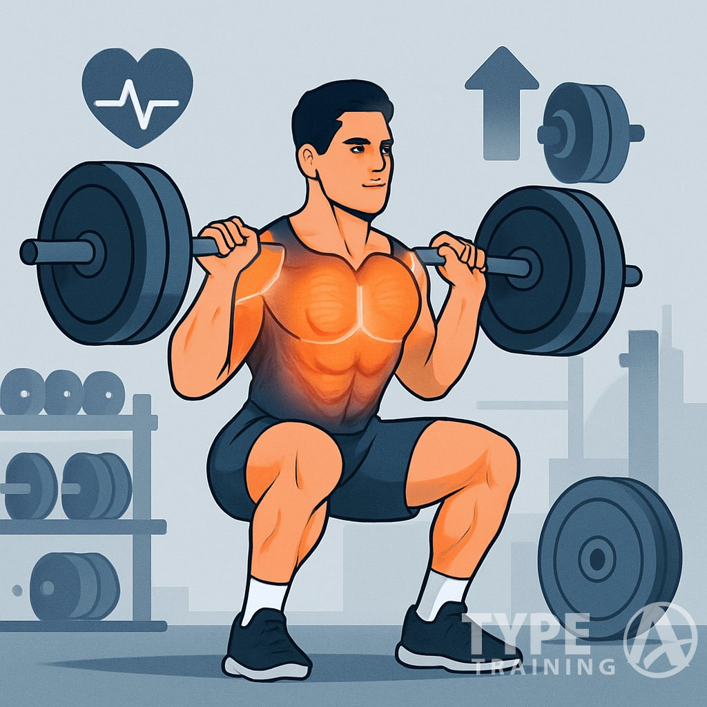 An athlete performing a barbell exercise in a gym surrounded by visual symbols representing muscle growth, strength, and endurance.
