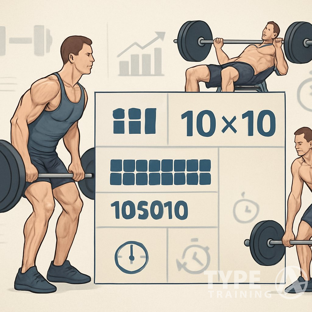 An illustration showing a person performing weightlifting exercises with visual indicators of sets and phases representing the structure of German Volume Training.