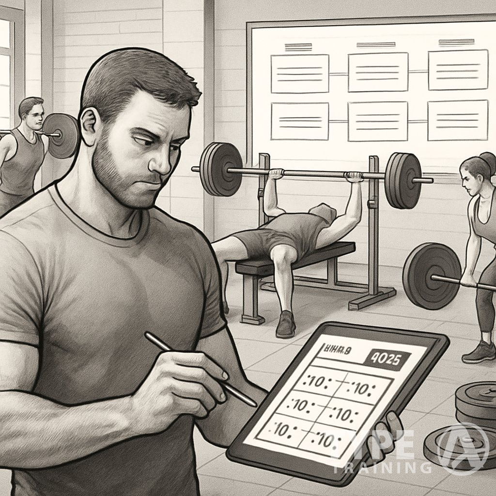 A trainer plans a German Volume Training workout while athletes perform strength exercises in a gym.