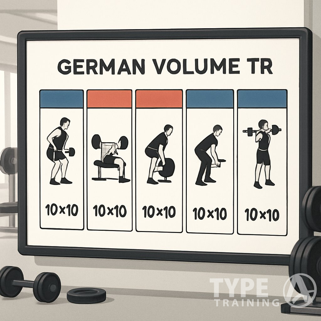 A detailed gym scene showing a workout split chart with exercise icons and equipment arranged around it.