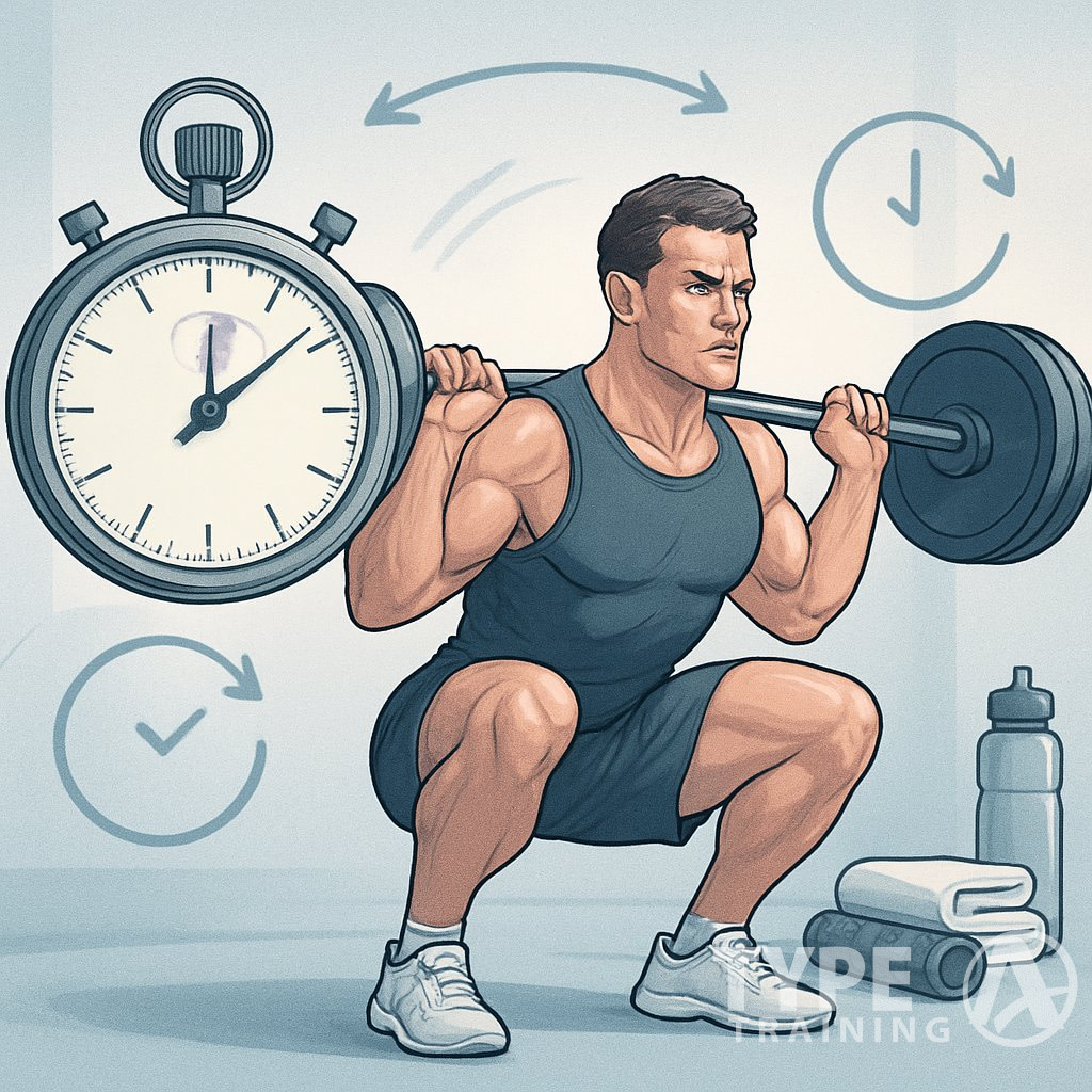 An athlete performing a barbell squat surrounded by symbols of timing and recovery, including a stopwatch and calming recovery items.