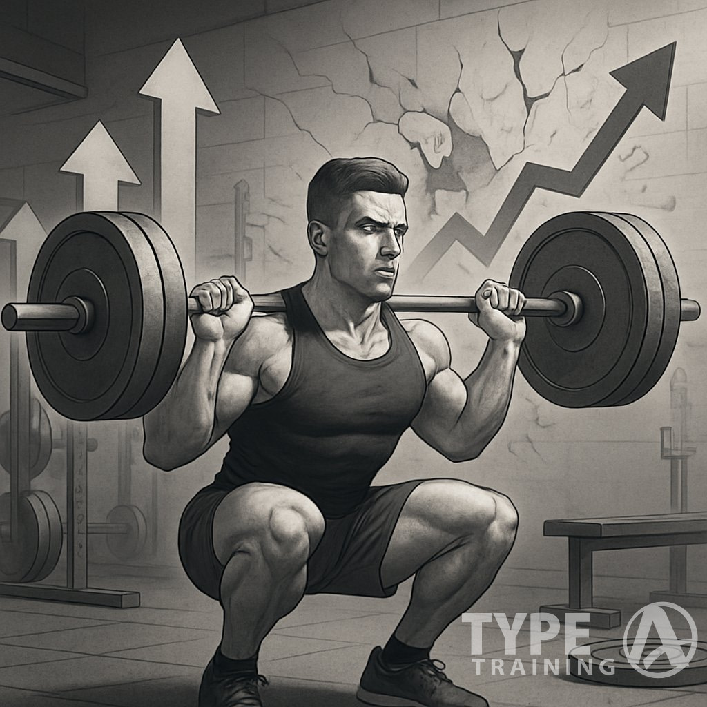 An athlete performing a barbell squat in a gym with visual symbols of progress like rising arrows and a breaking wall behind them.
