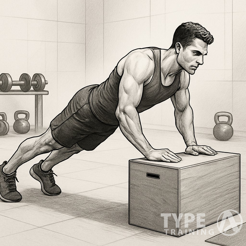 A person performing box push-ups with hands on a plyometric box in a gym setting.