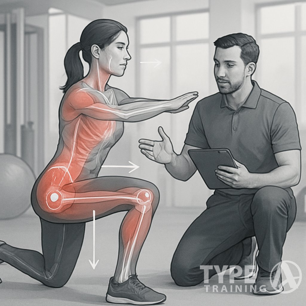 A specialist observing and guiding a person performing a movement exercise while analyzing muscle and joint function in a clinical setting.