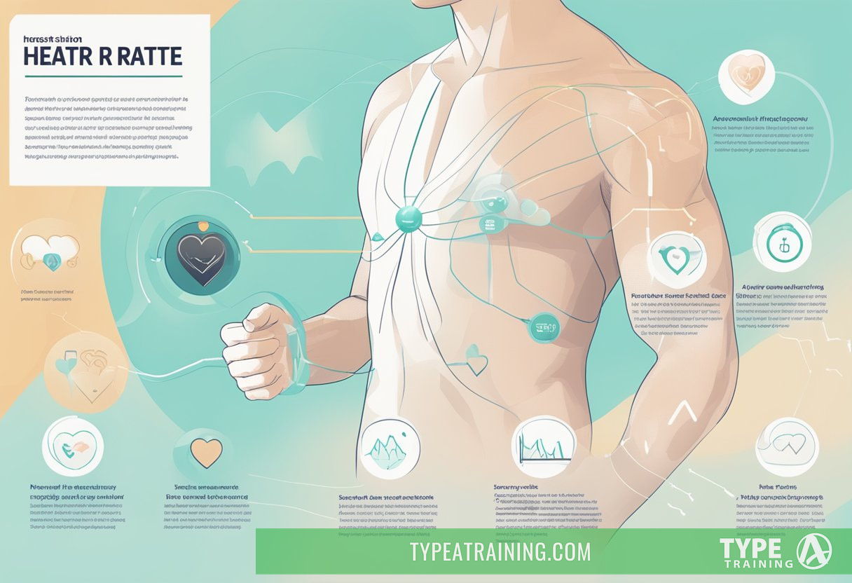 A person wearing a heart rate monitor while exercising, with a visible display showing their heart rate and various benefits listed around them