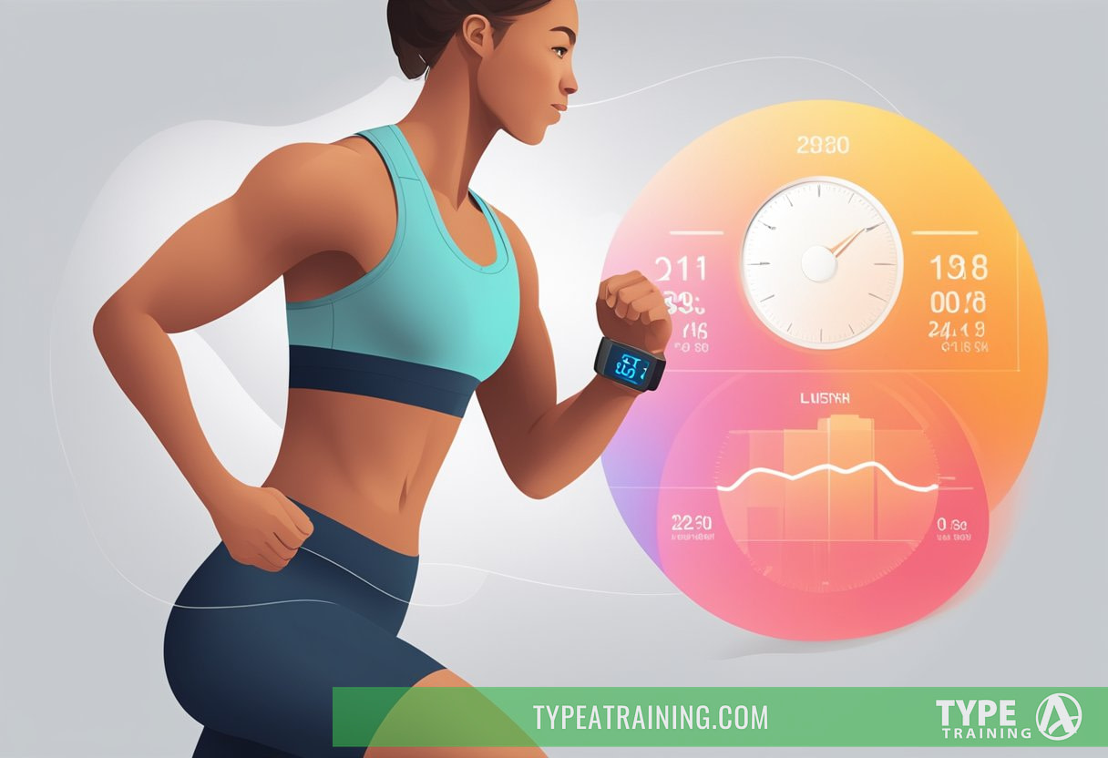 A person wearing a heart rate monitor while exercising, with a digital display showing the heart rate data. The person is engaged in various types of physical activity, such as running, cycling, or weightlifting