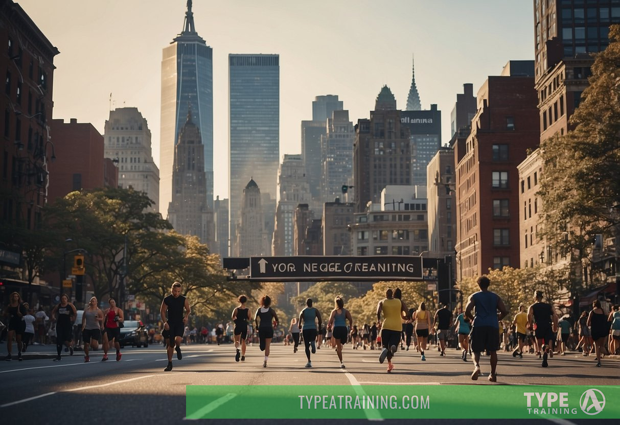 A busy New York City street with a sign for a reputable personal training facility, surrounded by people exercising and a skyline in the background