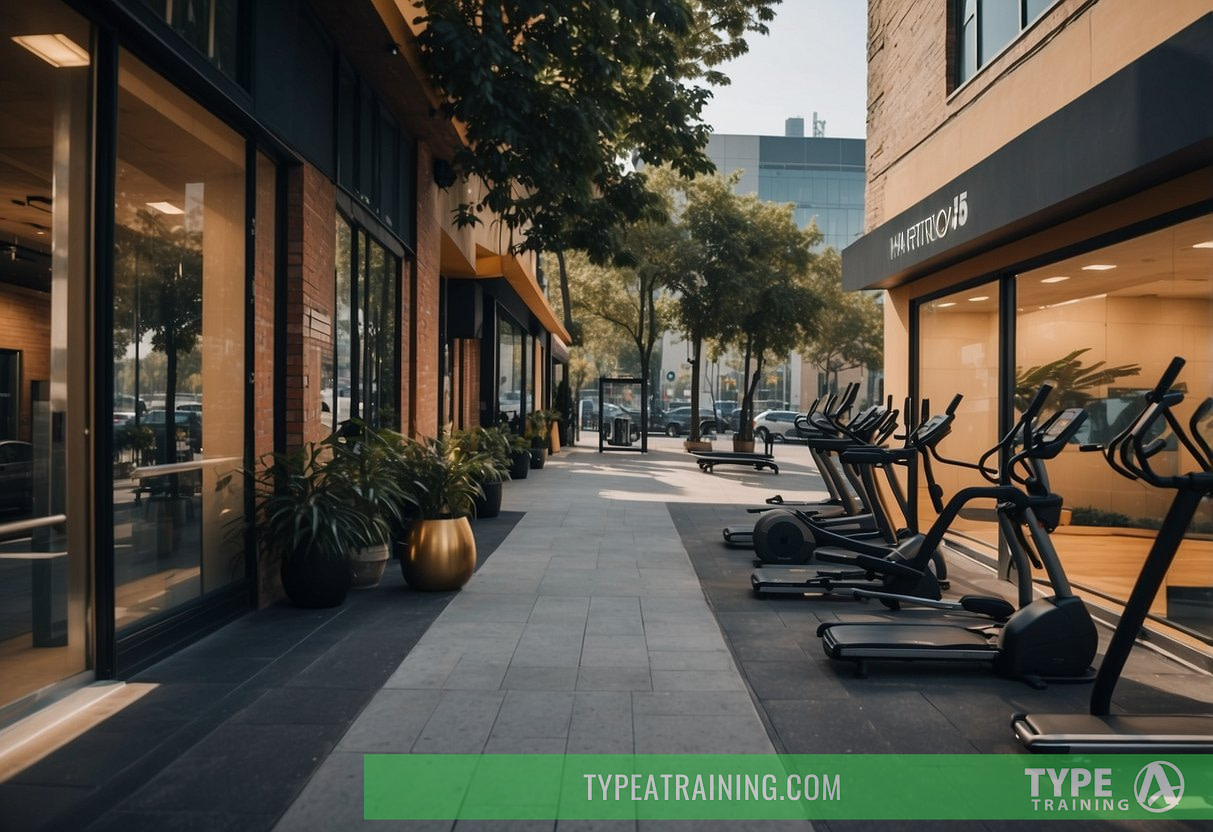 A busy city street with a diverse range of fitness studios and gyms lining the sidewalks, each with their own unique training styles and specializations