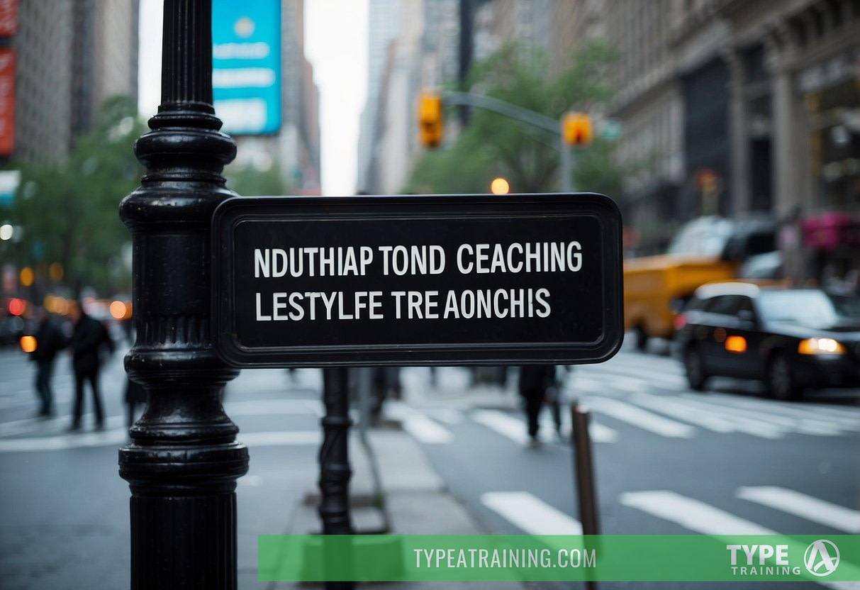 A bustling city street with a sign reading "Nutrition and Lifestyle Coaching" and people searching for a personal trainer in NYC