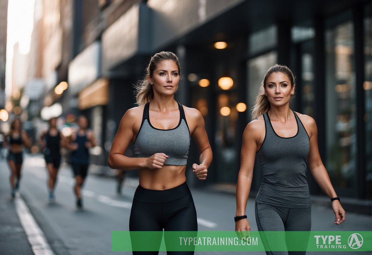 A bustling city street with a mix of traditional gyms and virtual training studios, featuring people seeking personal training services