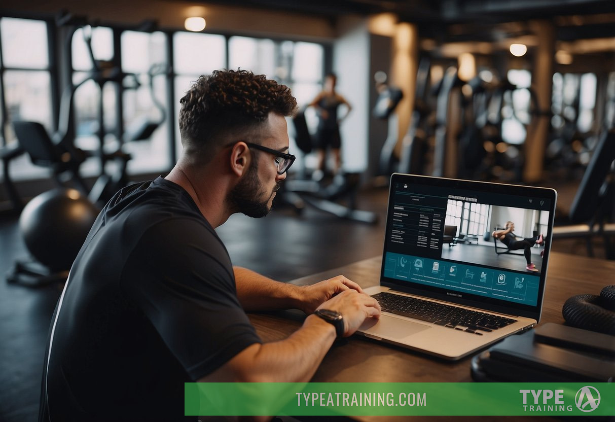 A person researching on a laptop, surrounded by fitness equipment and safety guidelines, with a list of reputable personal trainers in NYC displayed on the screen