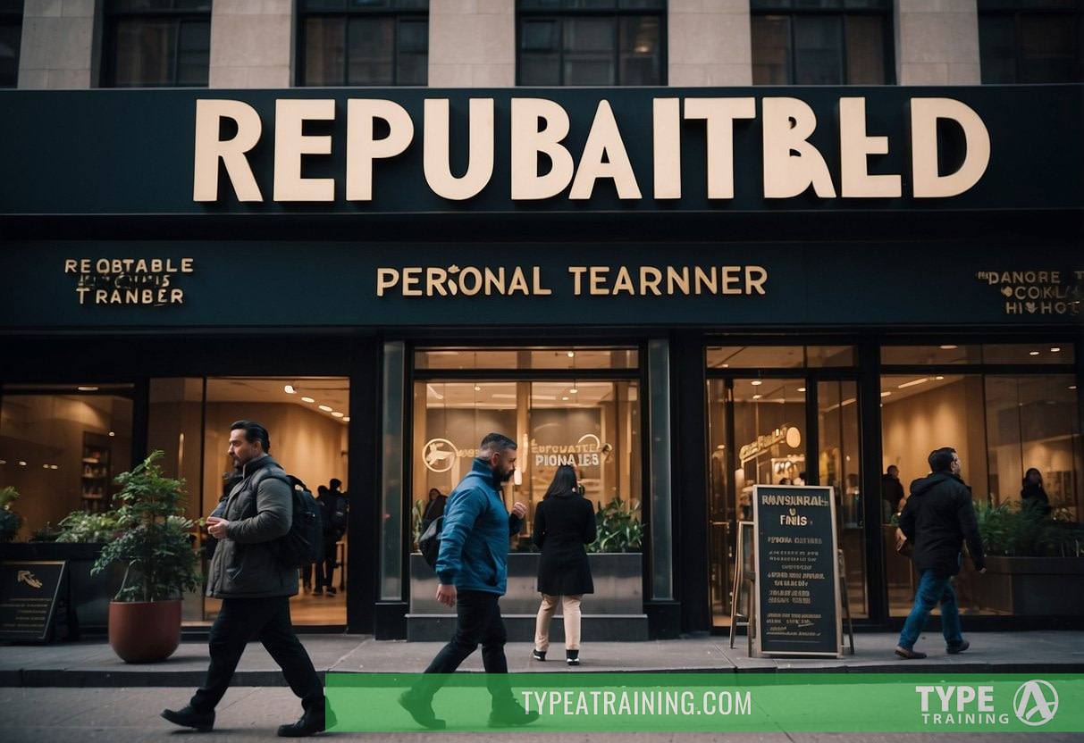 A busy city street with a sign reading "Reputable Personal Trainer" in NYC. People walking by, some looking at the sign with interest
