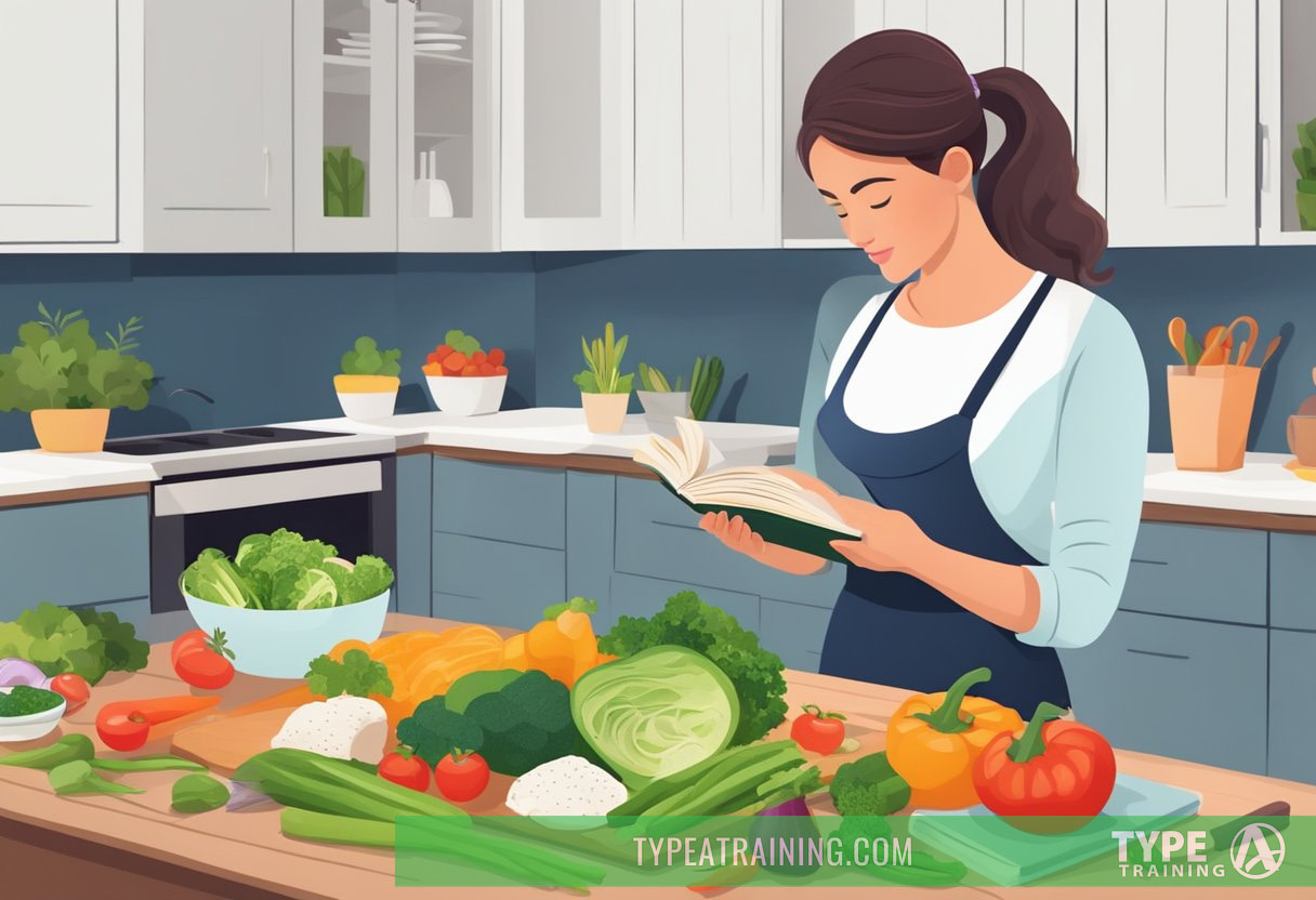 A woman preparing a colorful, low-carb meal with fresh vegetables and lean proteins, while reading a book about the keto diet