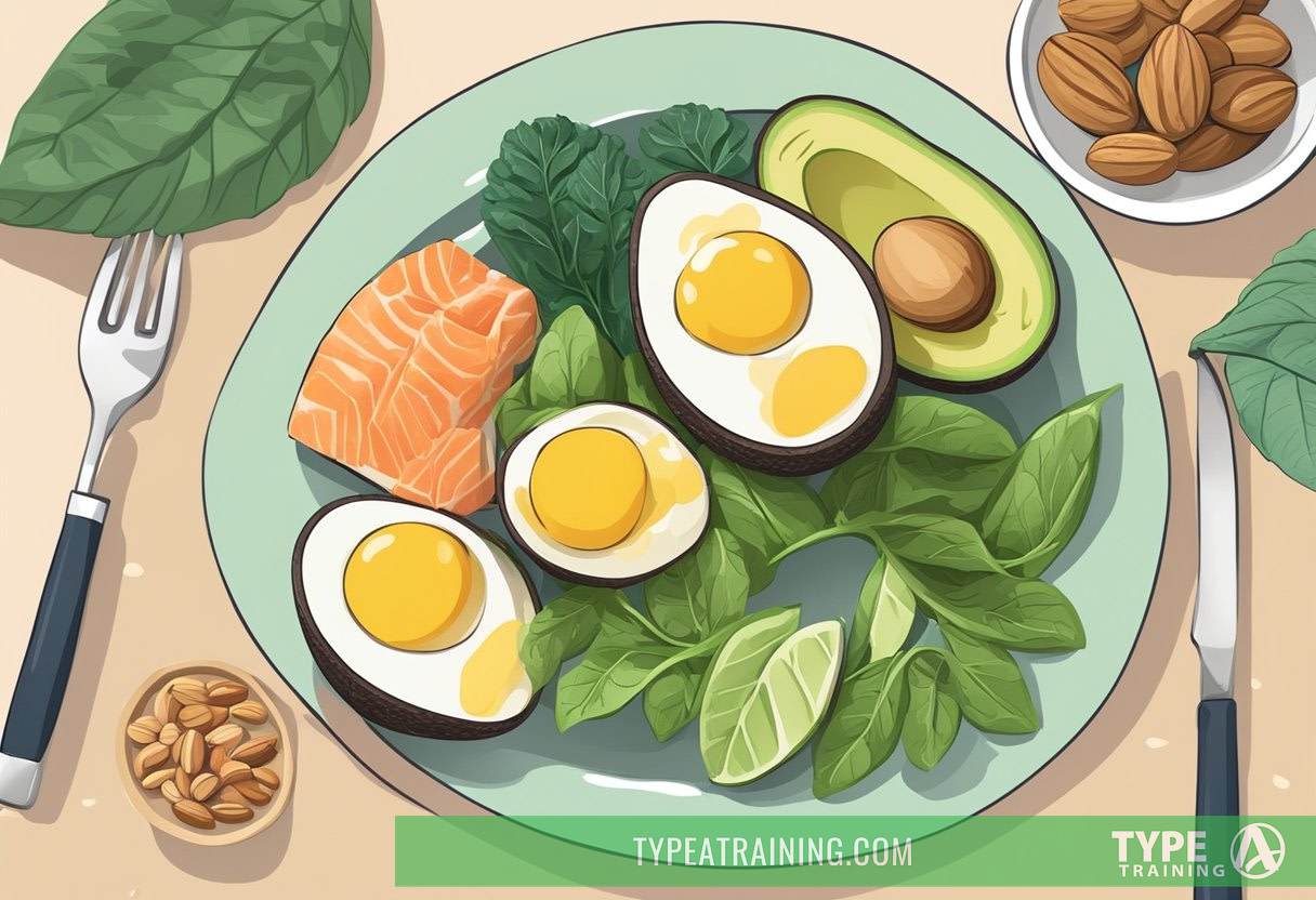 A table with keto-friendly foods: avocado, eggs, salmon, nuts, and leafy greens. A scale shows weight loss progress