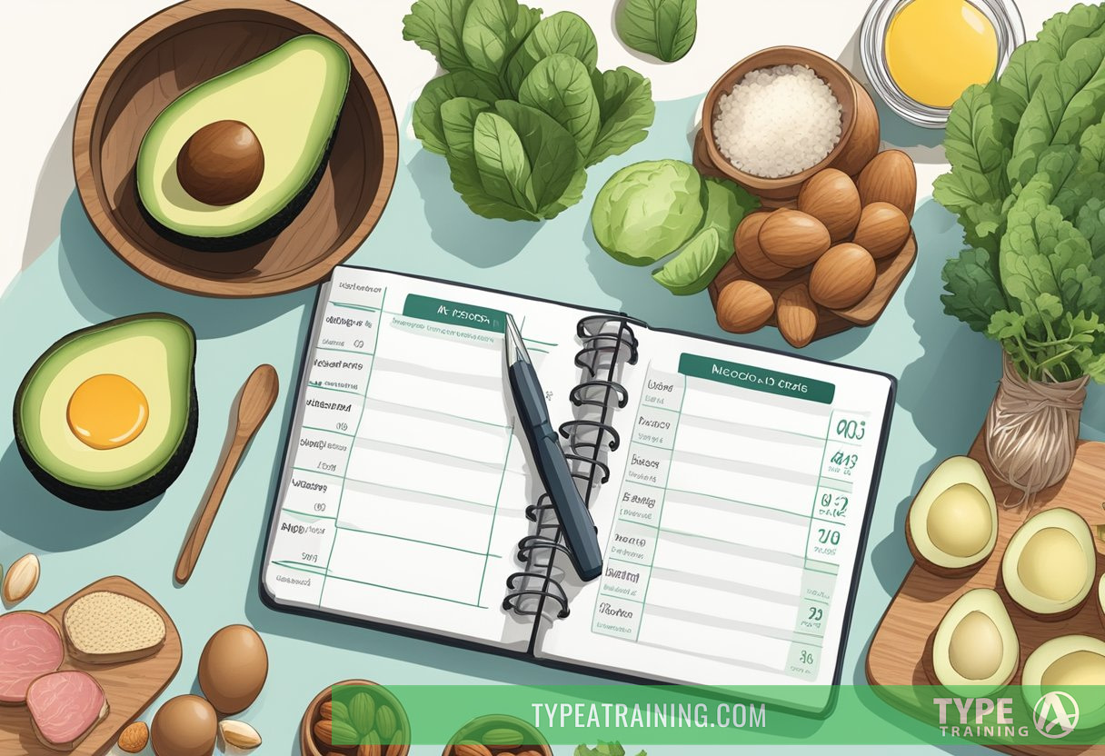 A kitchen counter with various keto-friendly foods and ingredients, such as avocados, eggs, leafy greens, nuts, and lean meats. A meal plan notebook and a measuring scale are also present