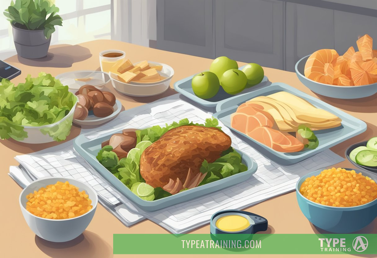 A table filled with keto-friendly foods, a tape measure showing weight loss progress, and a gym in the background