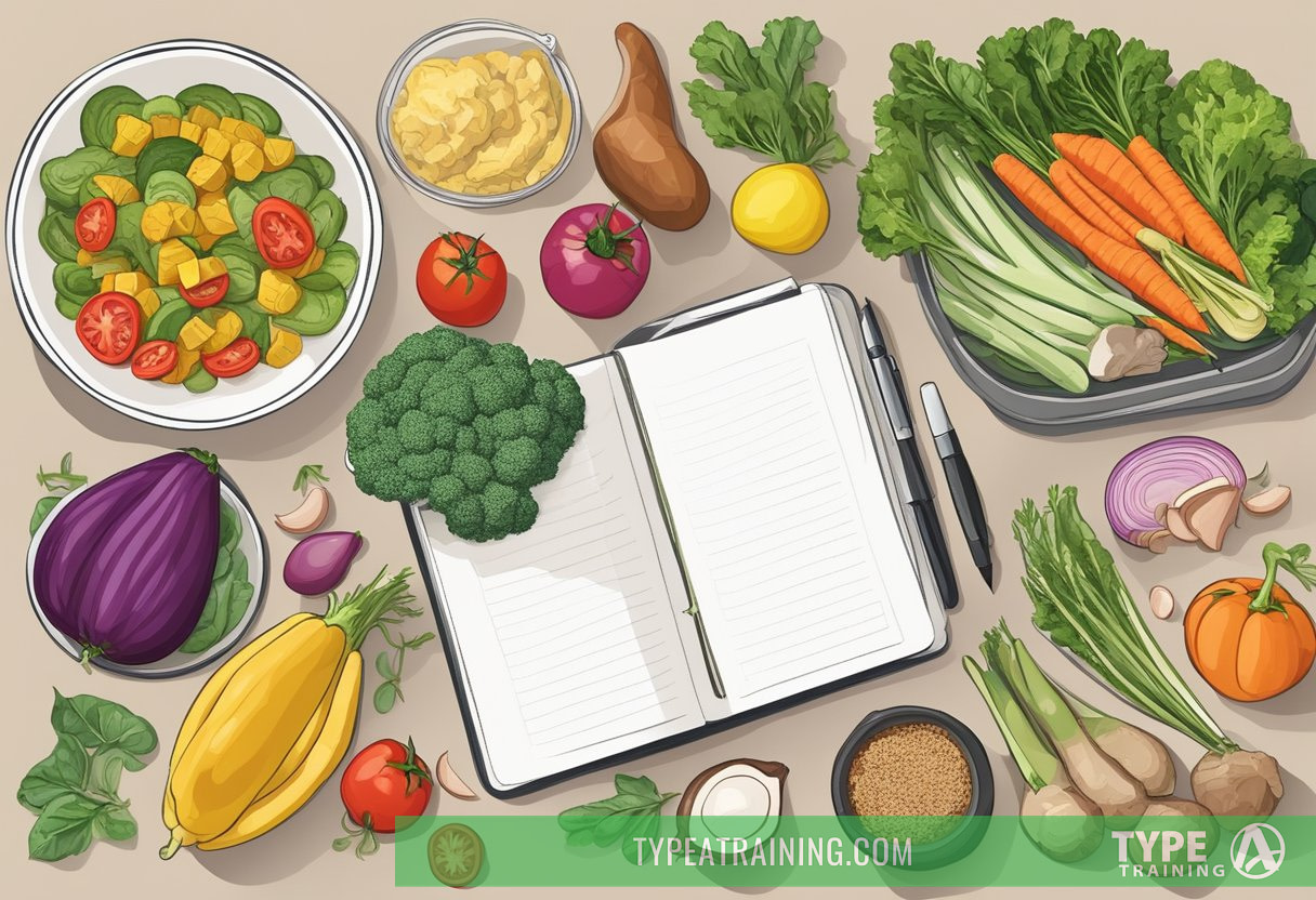A kitchen counter with a variety of fresh vegetables, lean meats, and healthy fats laid out for meal planning. A notebook and pen are nearby for jotting down keto meal ideas