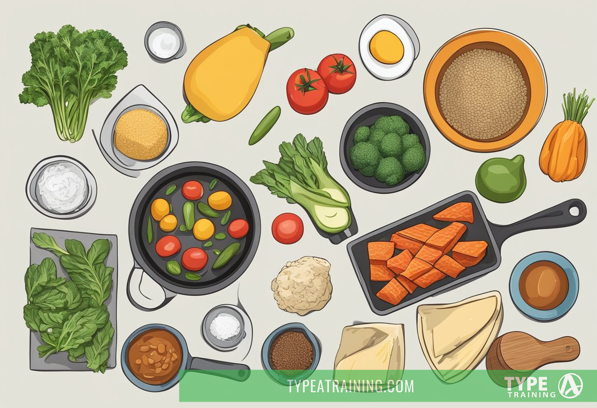 A kitchen counter with various keto-friendly ingredients and cooking utensils laid out for meal preparation