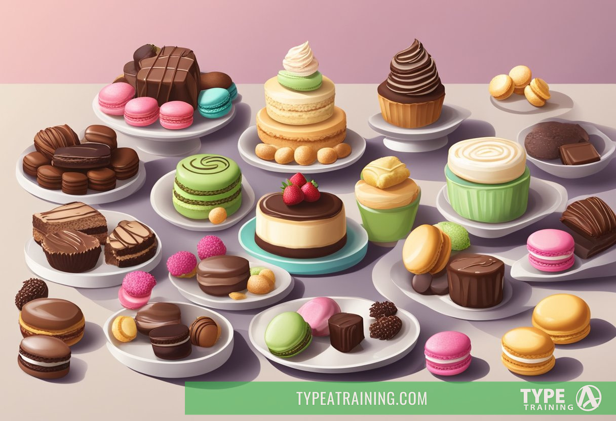 A table filled with assorted keto desserts and sweet treats, including colorful macarons, creamy cheesecake, and decadent chocolate truffles