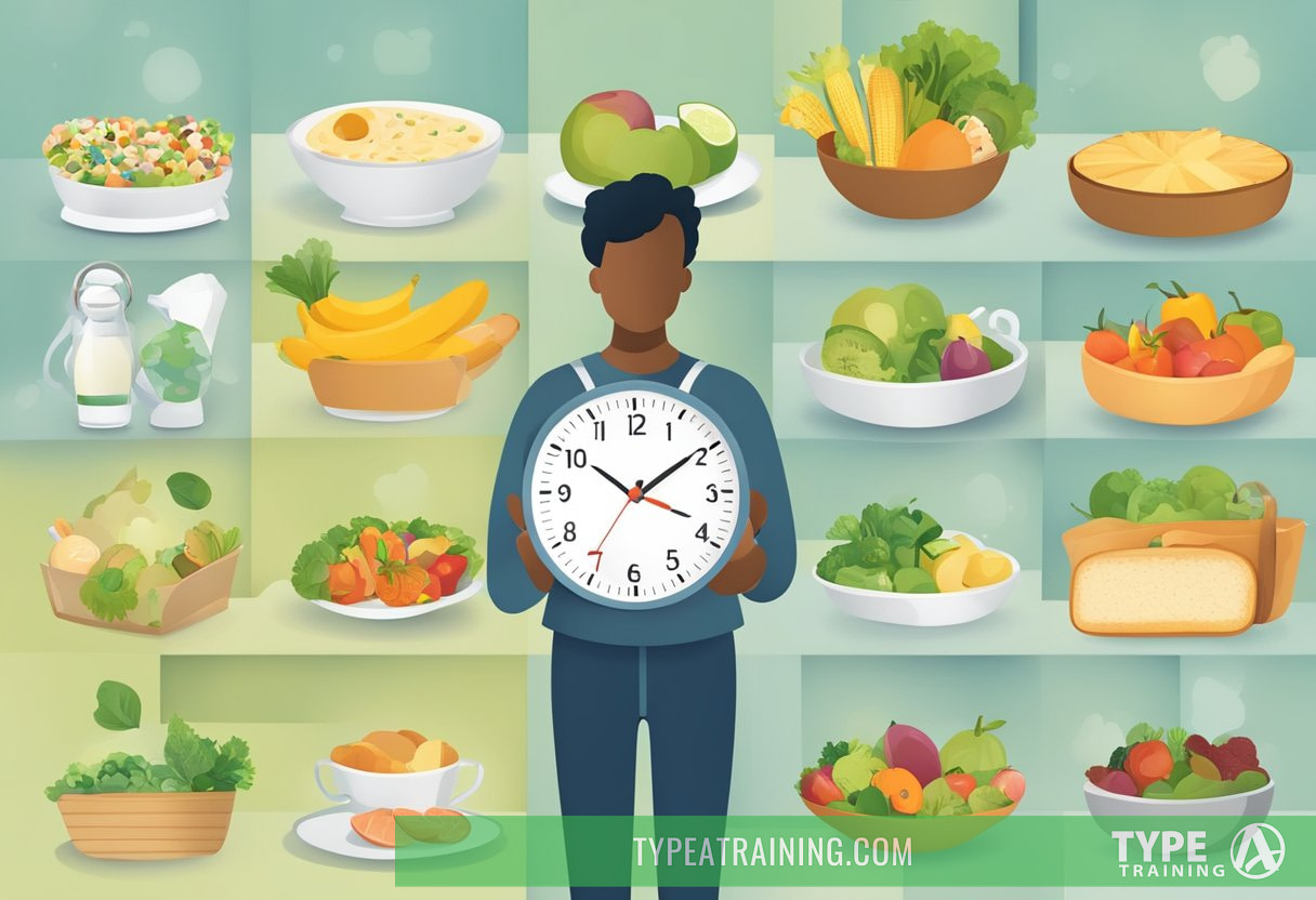 A clock showing specific eating times, a scale displaying weight loss, a variety of healthy foods, a person feeling energized, a smaller clothing size, and a calendar tracking progress