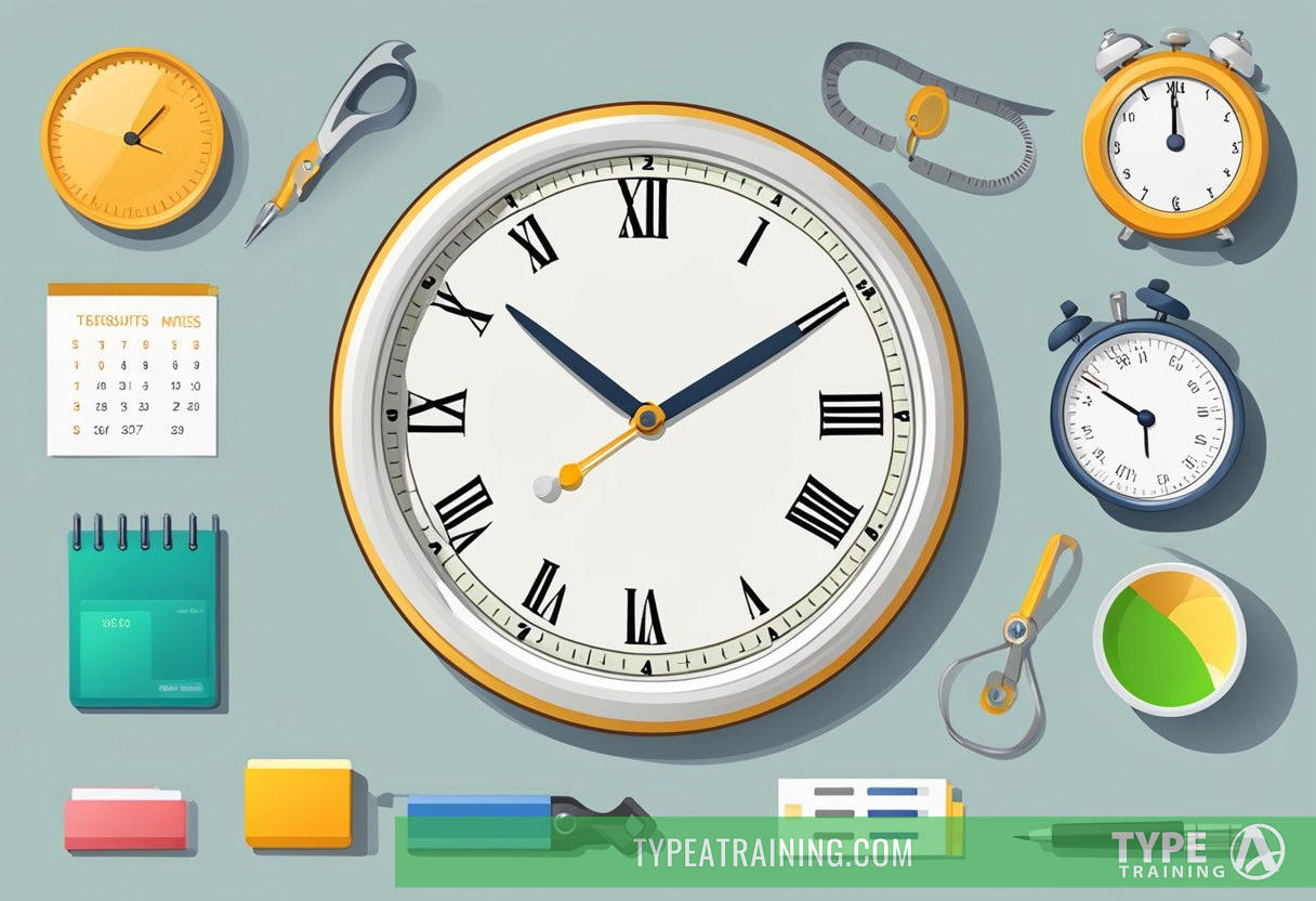 A clock showing different times, an empty plate, a measuring tape, a scale, a calendar, and a list of benefits