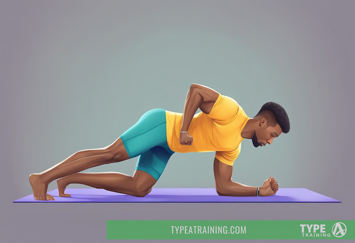 A person doing a plank on a yoga mat, with straight arms and a flat back, engaging their core muscles