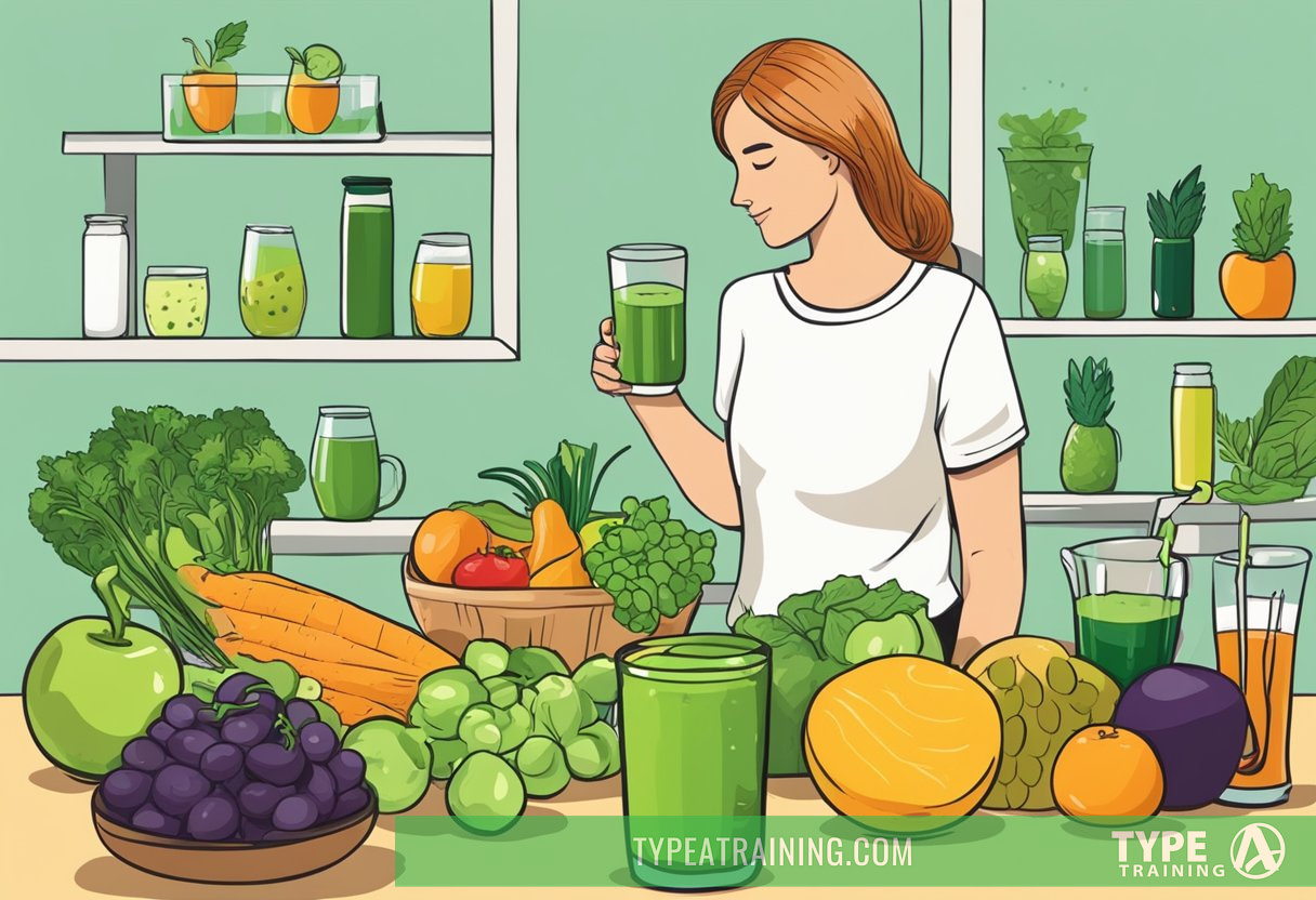 A table filled with colorful fruits, vegetables, and detoxifying drinks. A person holding a glass of green juice with a satisfied expression