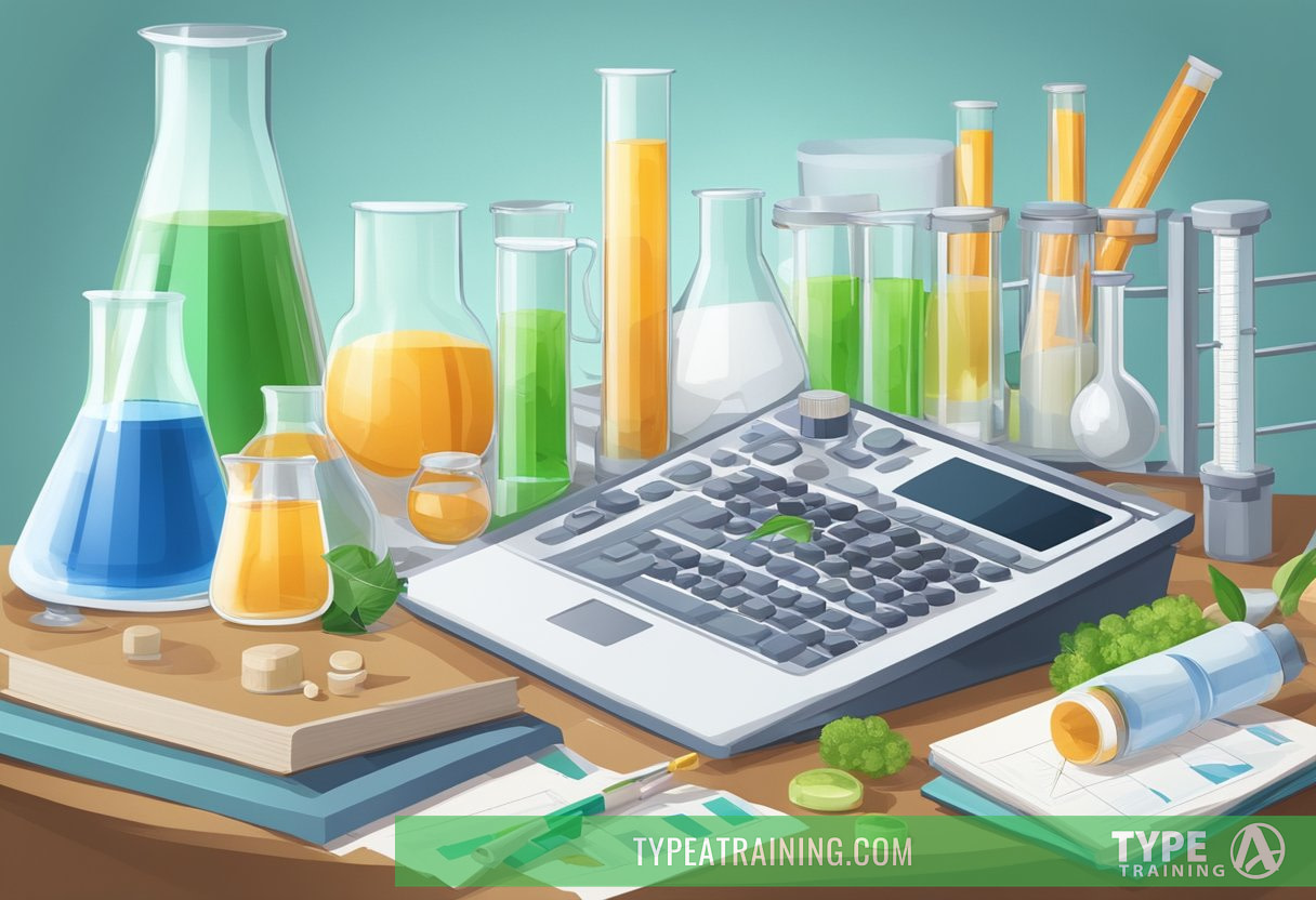 A laboratory with test tubes, beakers, and scientific equipment. A chart showing the process of detoxification. Research papers and books on detox diets and cleanses scattered on a desk