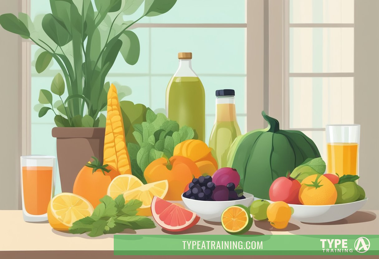 A variety of colorful fruits and vegetables arranged on a table, with a glass of water and a bottle of herbal tea nearby. Clean, minimalist surroundings with natural light streaming in