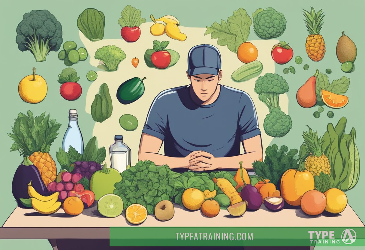 A person sitting at a table surrounded by various fruits, vegetables, and detox drinks. A puzzled expression on their face as they consider the risks and side effects of detox diets and cleanses