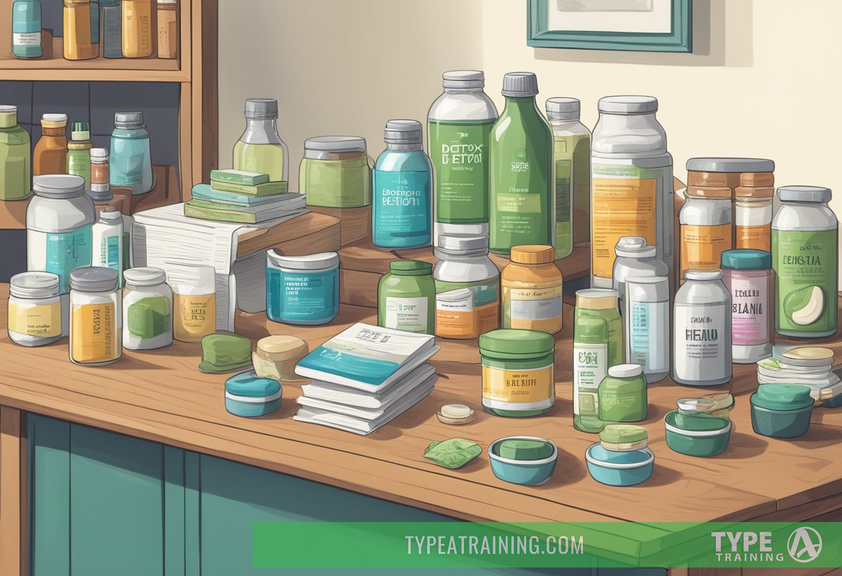 A table cluttered with detox products and supplements, with a variety of labeled bottles and packages. A scale and measuring cup sit nearby, along with a stack of books on diet and health