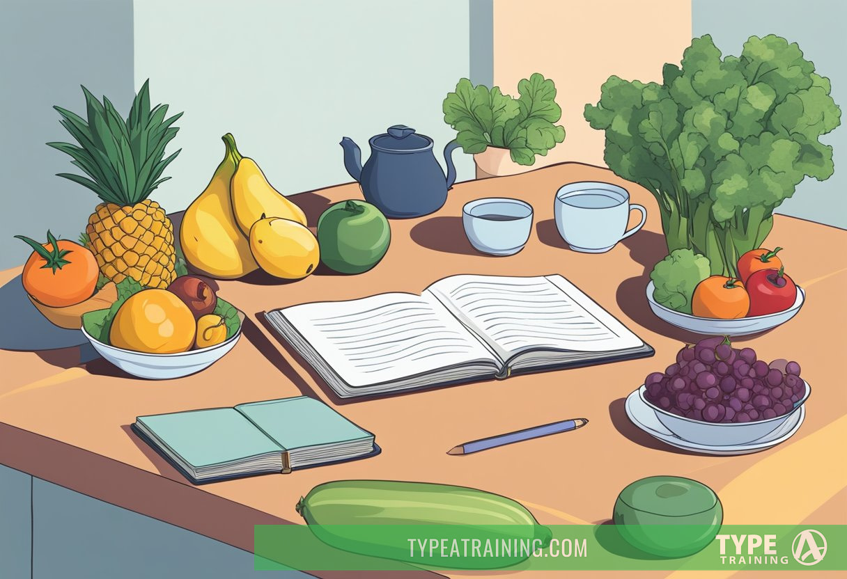 A colorful array of fresh fruits and vegetables arranged on a clean, minimalist table, with a glass of water and herbal tea nearby. A yoga mat and a journal sit in the corner