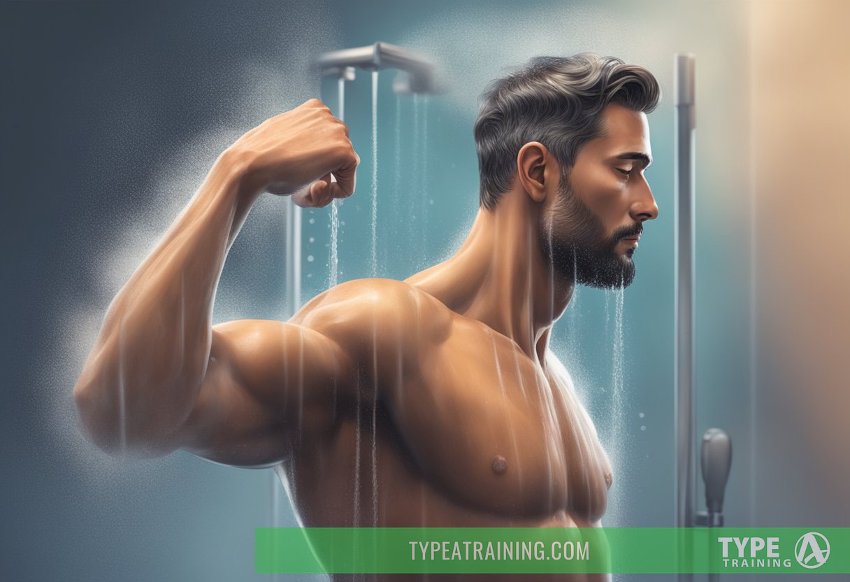 A person standing under a cold shower, steam rising, muscles relaxing, feeling refreshed and rejuvenated