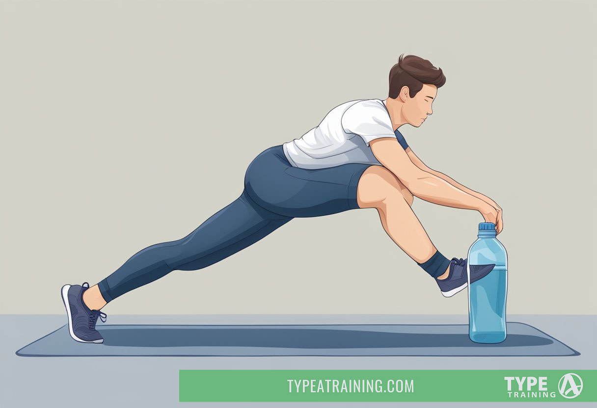 A person stretching their legs and drinking water