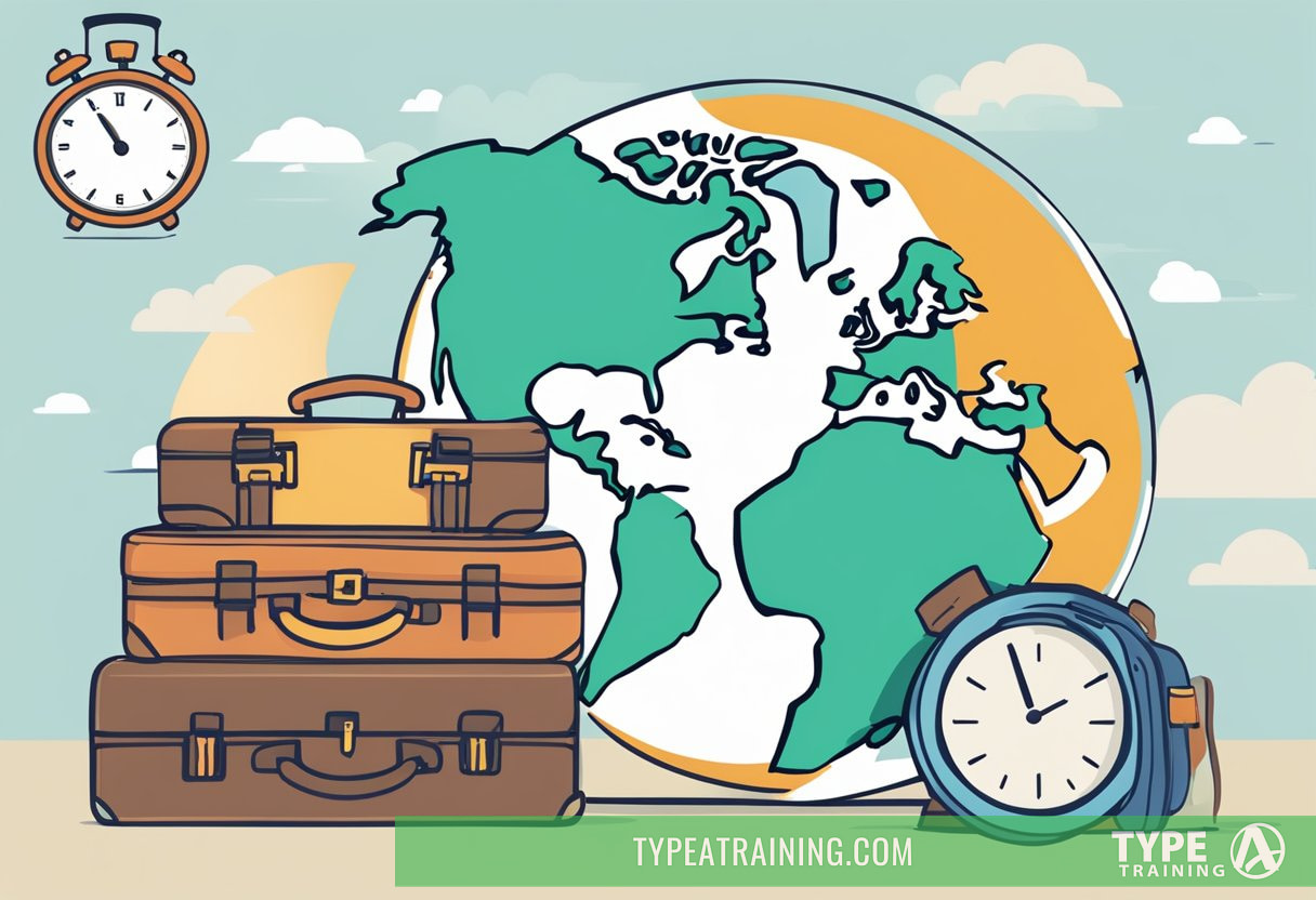 A globe with multiple time zones highlighted, a traveler's suitcase with clothing spilling out, and a clock showing different times