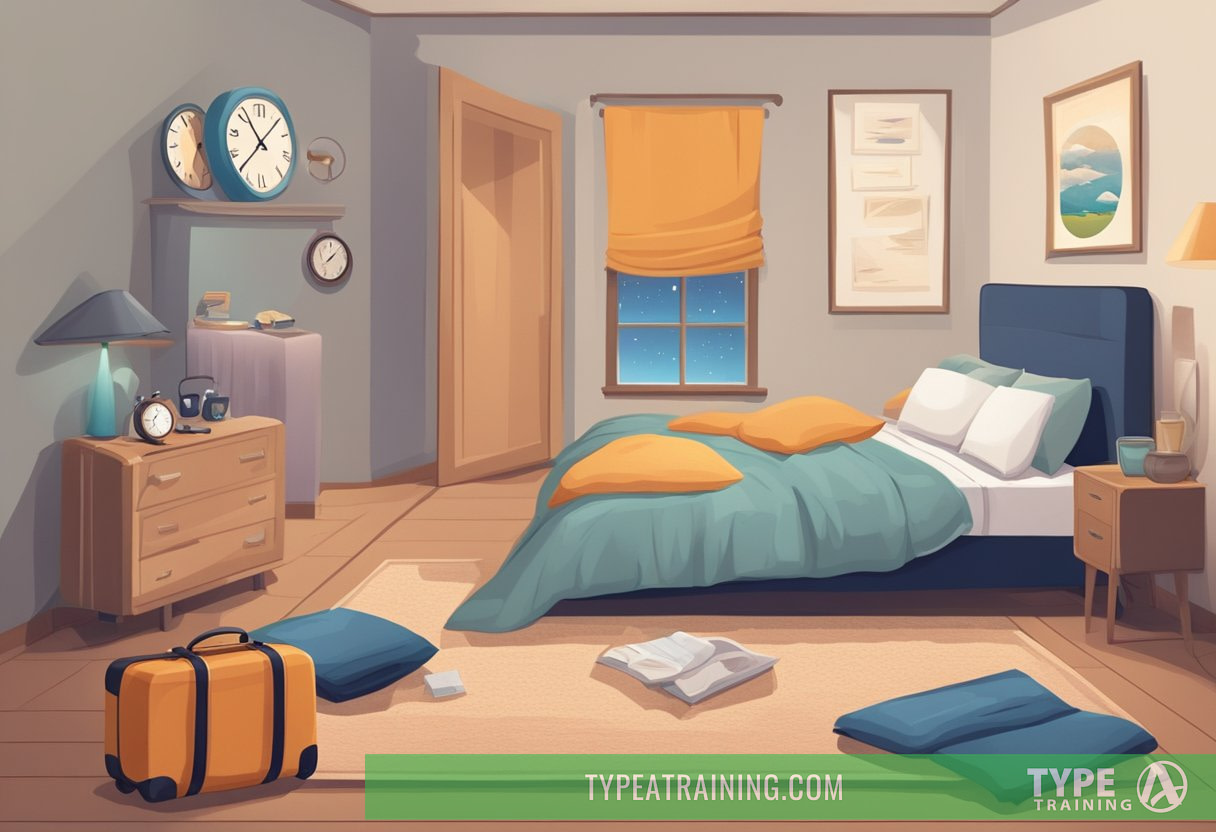 A cozy bedroom with a suitcase on the floor, a sleep mask on the bed, and a clock showing different time zones. A person is lying in bed with eyes closed, surrounded by pillows and blankets