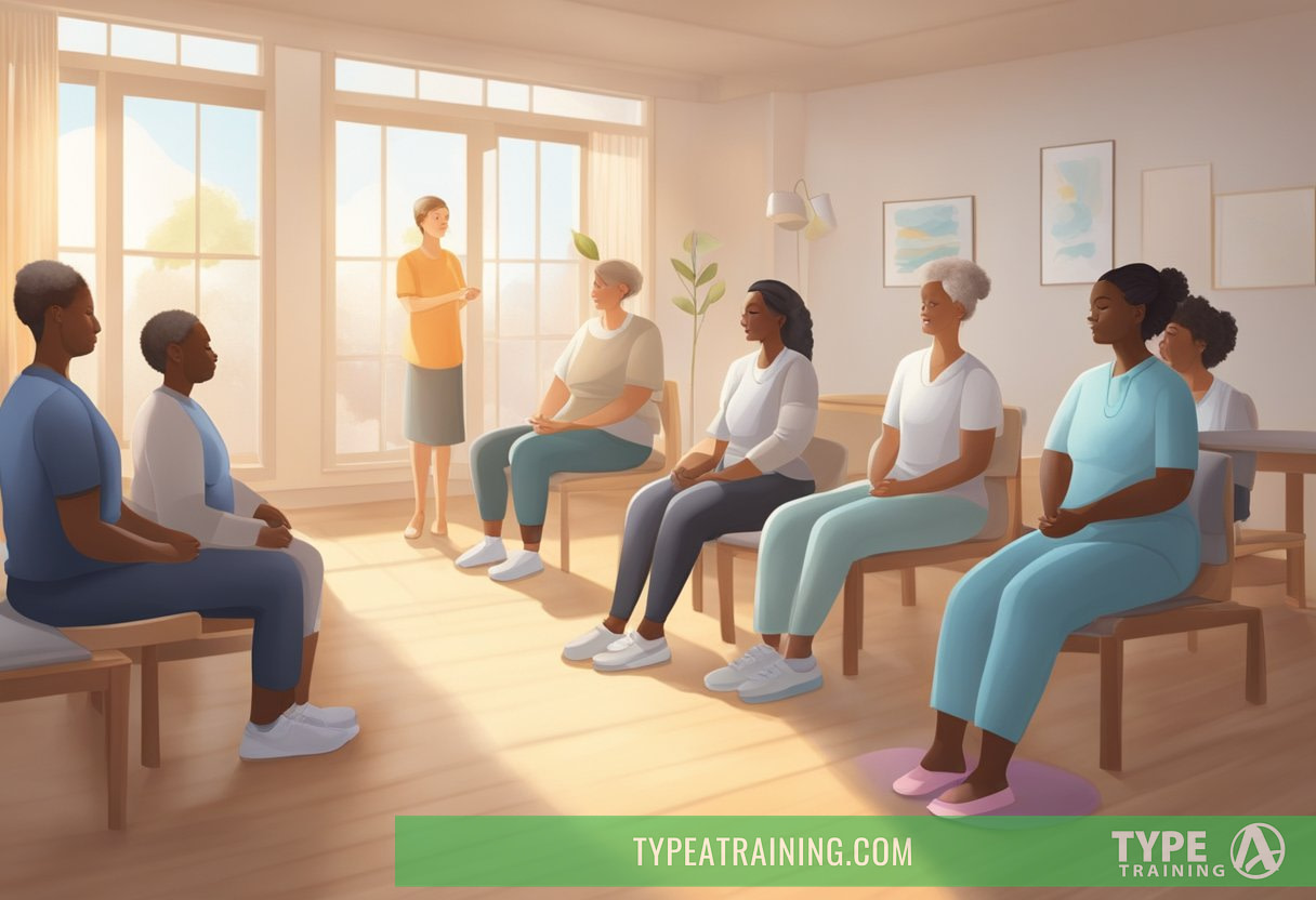 A serene figure performs gentle exercises in a peaceful, sunlit room, surrounded by supportive caregivers and medical professionals