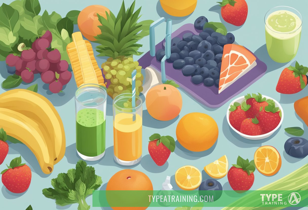 A table filled with colorful fruits, vegetables, and lean proteins, with a glass of water and a protein shake, surrounded by exercise equipment