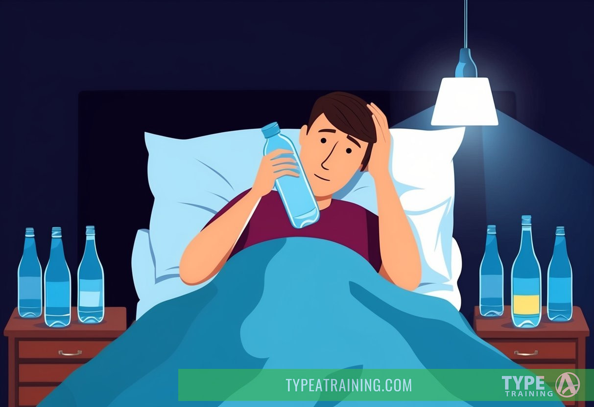 A person lying in bed with a water bottle and a headache, surrounded by empty bottles and a dark room