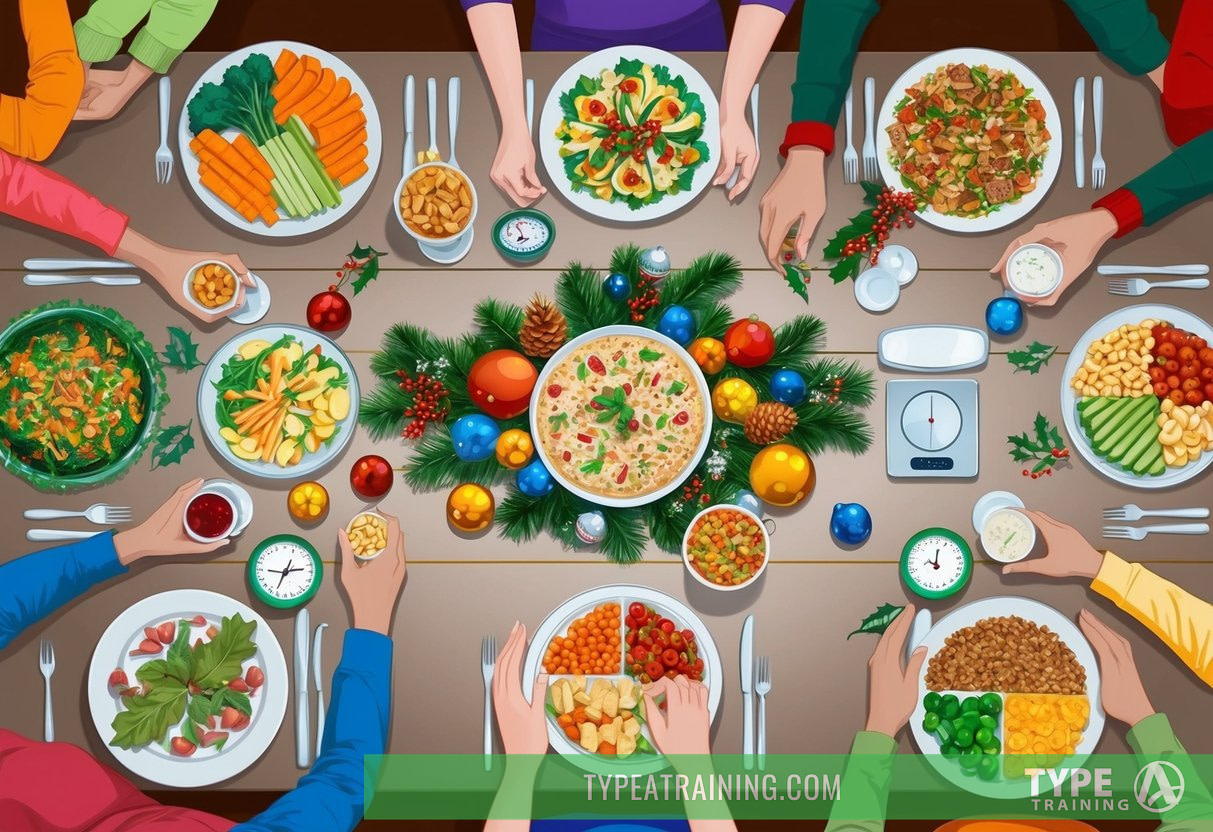 A festive dinner table with healthy food options and portion control, surrounded by cheerful holiday decorations and a scale nearby