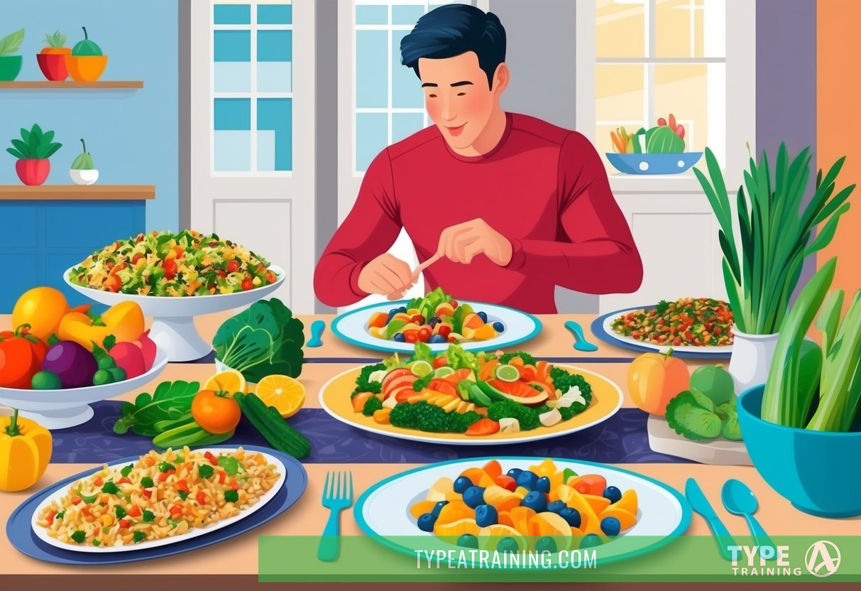 A festive table with colorful, nutritious dishes and a variety of fruits and vegetables. A person is seen engaging in physical activity or enjoying a healthy holiday activity