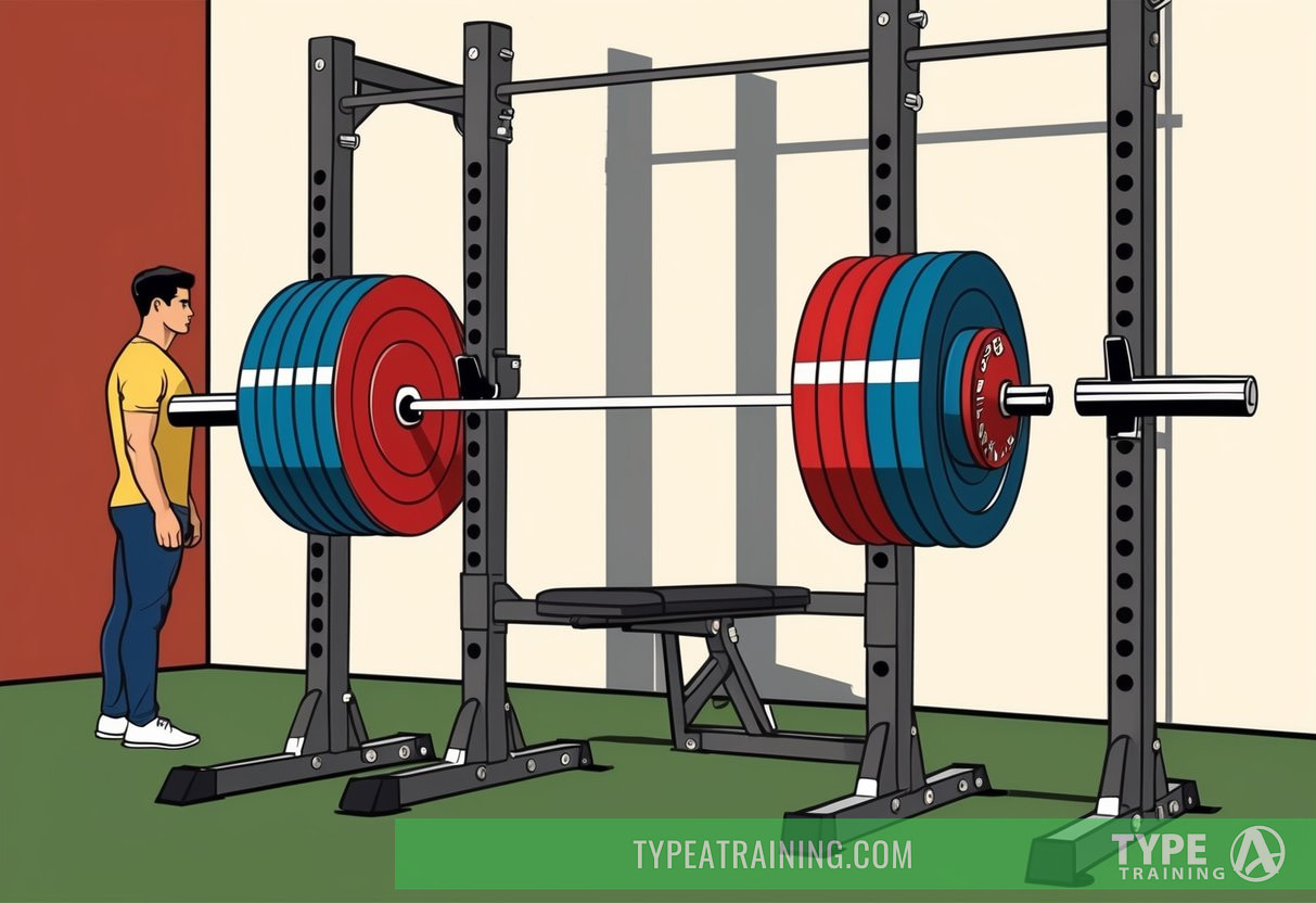 A weightlifting bar loaded with plates, set on a squat rack in a gym, with a person standing nearby