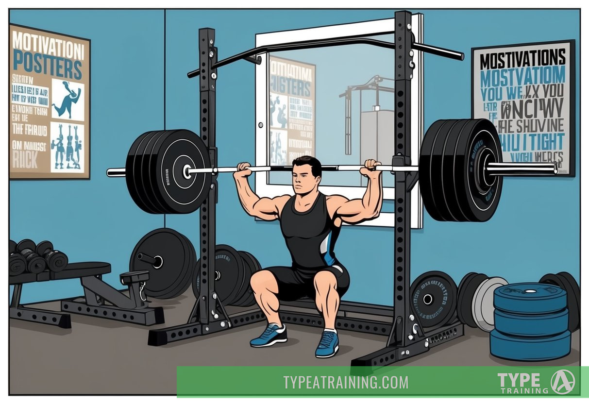 A weightlifting bar loaded with plates, positioned on a squat rack with a mirror in the background, surrounded by gym equipment and motivational posters