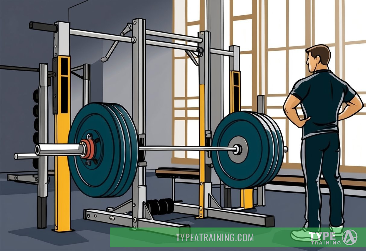 A weightlifting bar loaded with plates, positioned on a squat rack in a gym. A trainer stands nearby, observing the bar